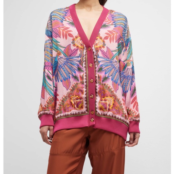 FARM Rio Sweaters - NWT $185 Farm Rio Macaw Scarf Pink Cardigan in size Large!